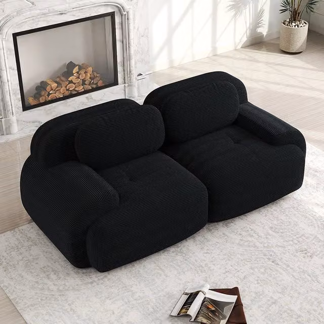 Divano 2 posti 82" in velluto costato - Xylo - Modulare, braccioli curvi, antiscivolo, imbottitura elastica, nero