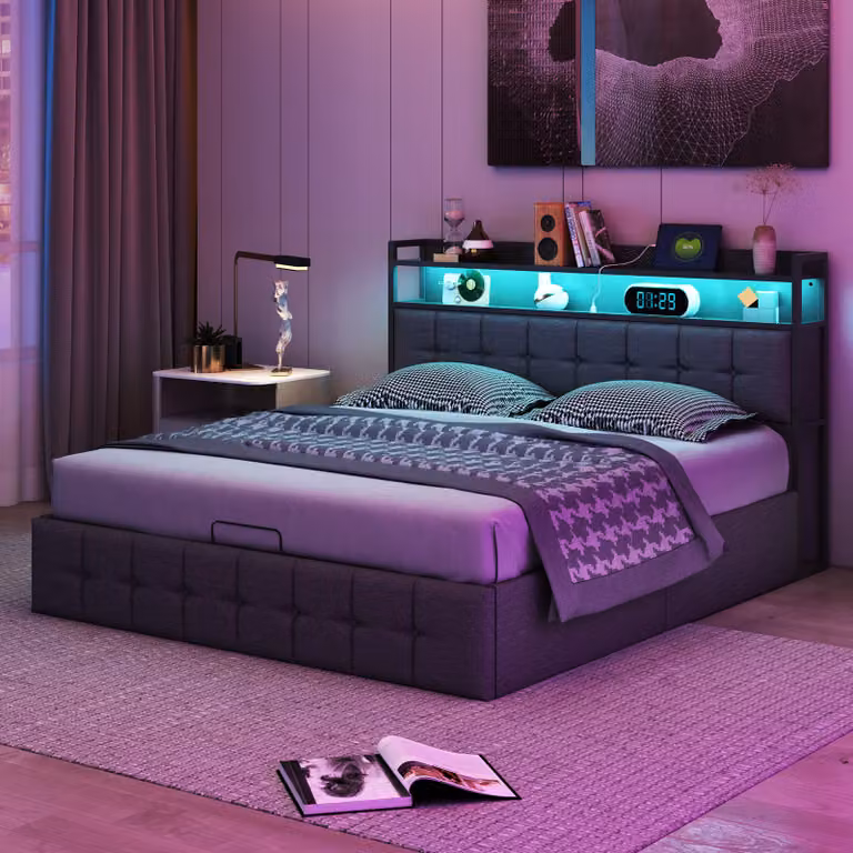 Letto imbottito Fortuna Lai 140x200cm con USB e prese di corrente, letto per ragazzi letto matrimoniale con rete a doghe e contenitore, letto contenitore con LED, lino, nero