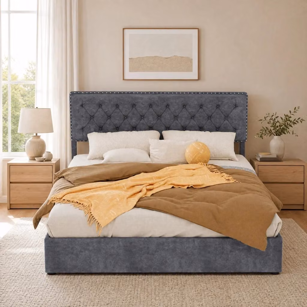 Letto Mivray rivestito in velluto grigio con testiera alta e rete a doghe in legno, dimensioni: 160 x 200 cm – 2
