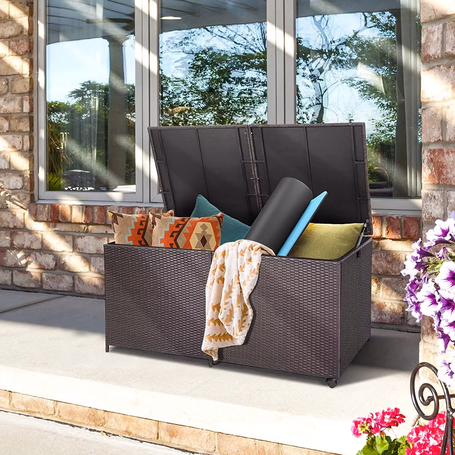 Contenitore per cuscini in rattan da 662 litri con coperchio; contenitore da giardino con 2 rotelle e maniglia; contenitore per cuscini resistente alle intemperie con tasca interna; cassapanca per cuscini con molla a gas; contenitore portaoggetti; cassapa