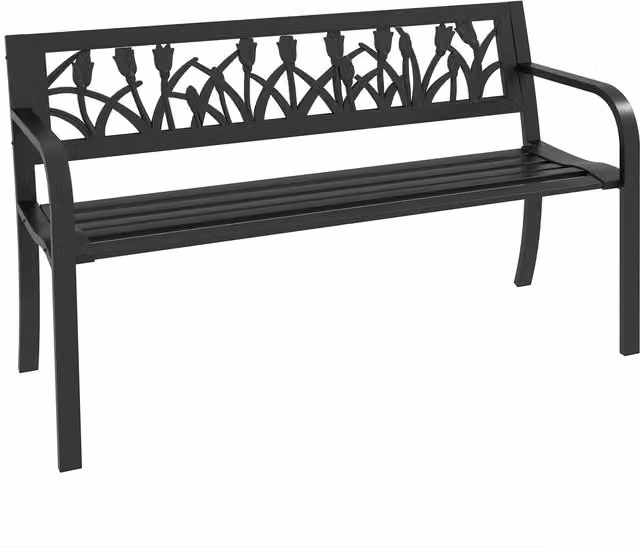 Panchina da giardino a 2 posti Outsunny in acciaio nero con schienale decorato floreale e braccioli, L 125 x P 50 x H 75 cm – 1
