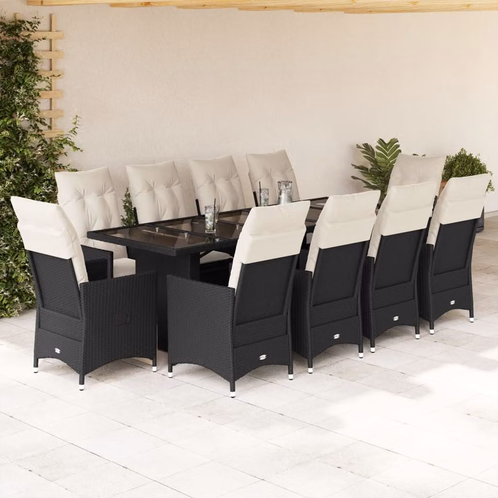 Set da Bistrò da Giardino vidaXL 11 pz in Polyrattan Nero con Cuscini e Tavolo in Vetro – 1