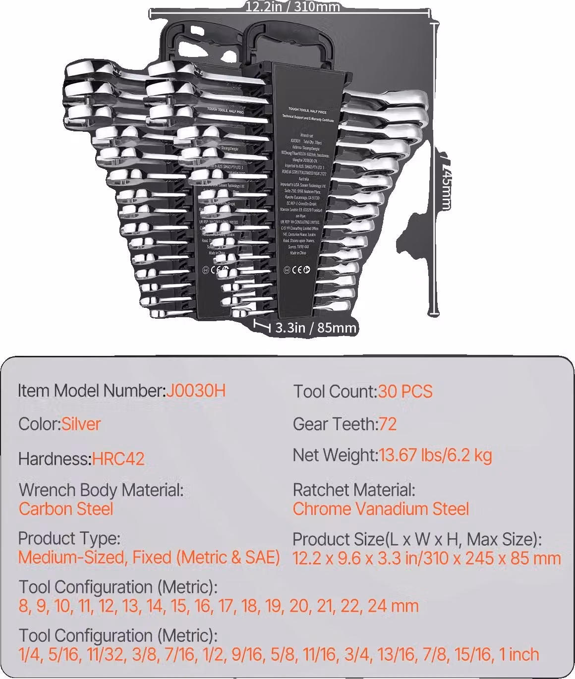 Set di chiavi combinate, 30 pezzi, cricchetto a 72 denti, 30 pezzi