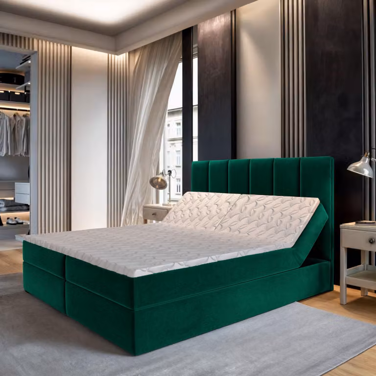 Letto a molle Masseno BARINO 160x200 cm completo di materasso e topper Bonell, letto imbottito con cassettiera -Verde, KRONOS 19