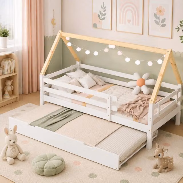 Letto a casetta Mivray per bambini in legno di pino con letto estraibile, colore bianco e naturale, L/P/H: 90 x 200 x 129,5 cm