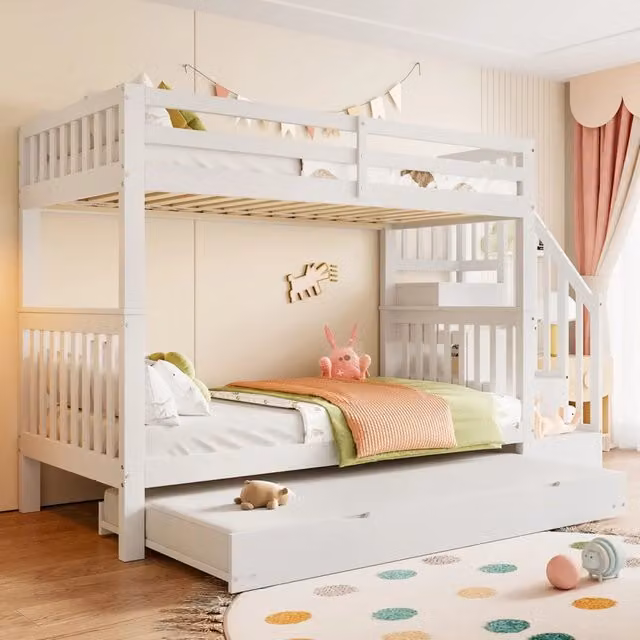 Desviae Letto a castello per bambini 90 × 200 cm con letto estraibile scale con ripiani legno bianco certificato EN747