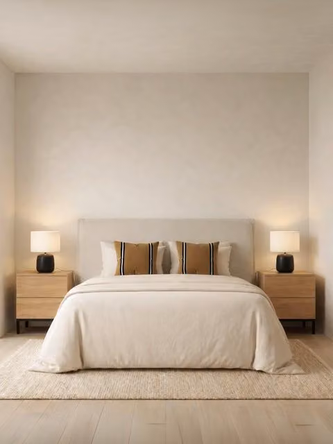 Set testiera imbottita Plains beige 150/160 cm e 2 comodini Kolay naturale Kenay Home