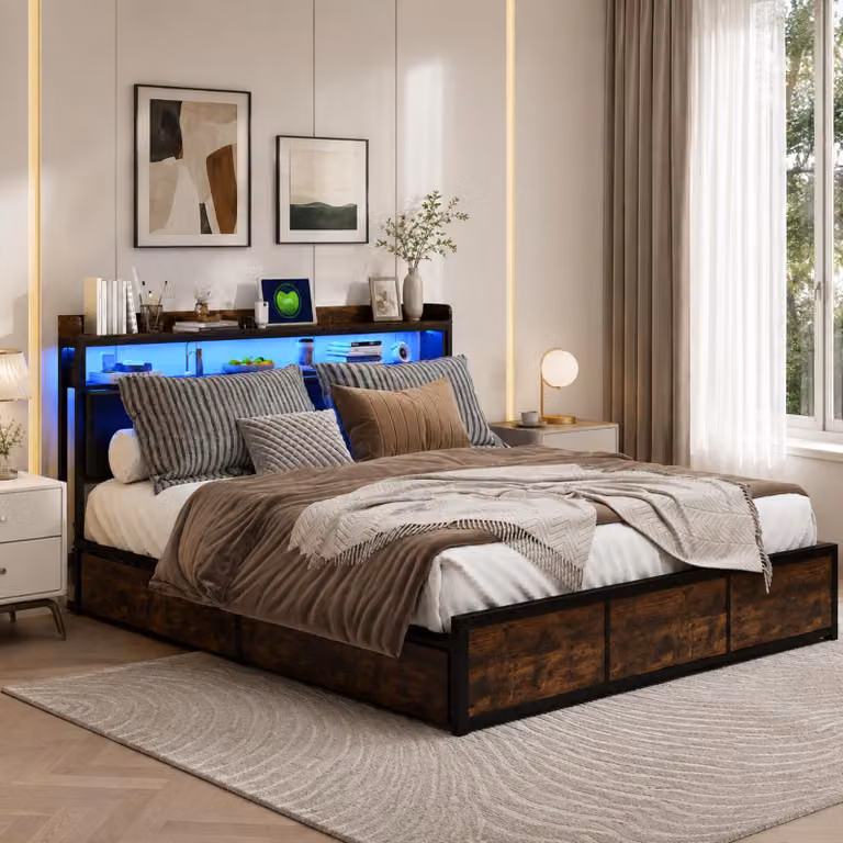 Letto imbottito INONEFT, 140x200 cm, letto matrimoniale con 4 cassetti, struttura in metallo con rete a doghe in ferro, testiera con LED e spazio contenitivo, rivestimento in PU, colore nero