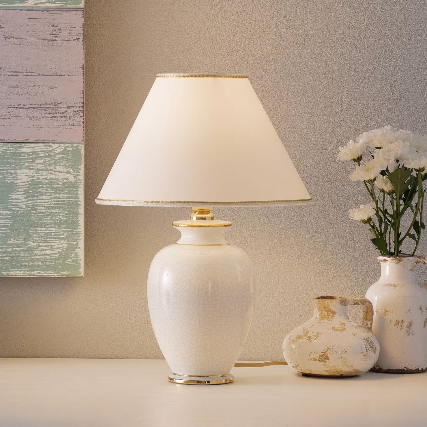 austrolux Lampada da tavolo GIARDINO, Crema / Ambra, Soggiorno / Sala da pranzo, Ceramica, Antico, Lampada da tavolo