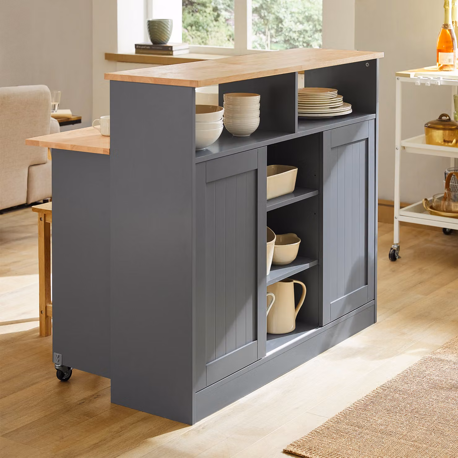SoBuy FSB36-HG Credenza con ante scorrevoli, isola da cucina con piano di lavoro estensibile, mobile da cucina, credenza, cassettiera, mobile grigio chiaro