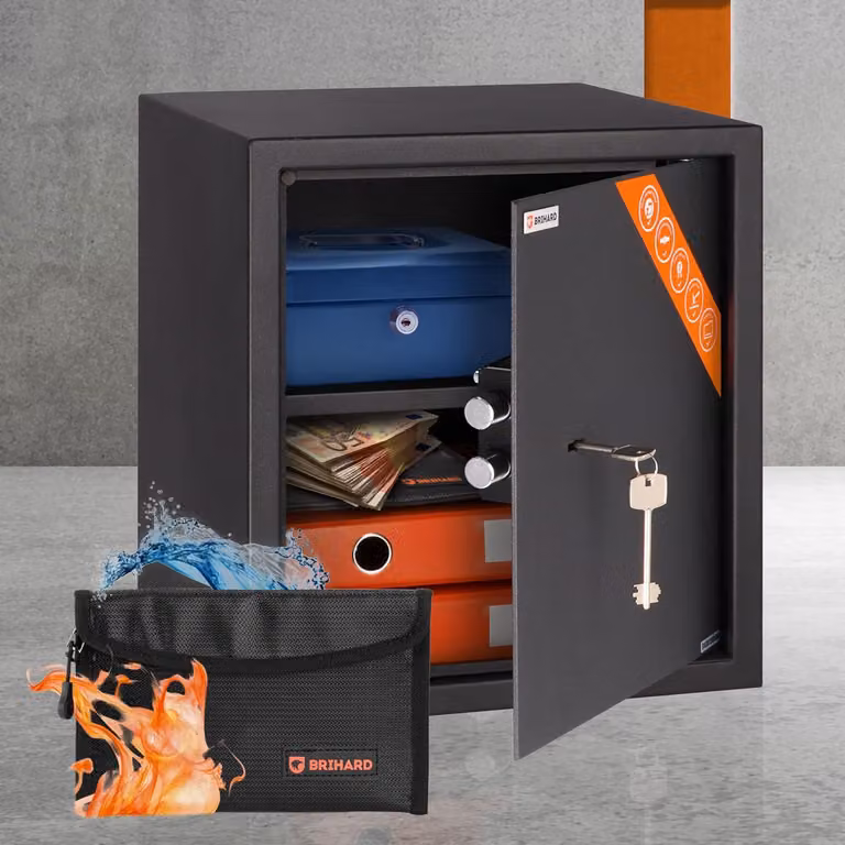 Cassaforte da ufficio con chiave 40x36x36 cm e busta ignifuga per documenti da 48 litri; cassaforte in acciaio per casa o ufficio con ripiano estraibile e chiusura a chiave