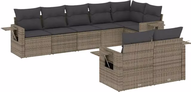 vidaXL Set Divano da Giardino 8 pz a Forma di L in Polyrattan Grigio con Cuscini e Tavolino – 2
