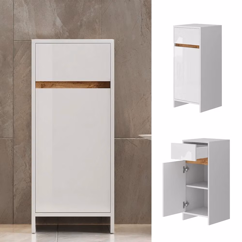 Mobiletto Vicco Detmold per bagno Bianco lucido e Rovere con anta e cassetto L/P/H: 35 x 35 x 82 cm – 2