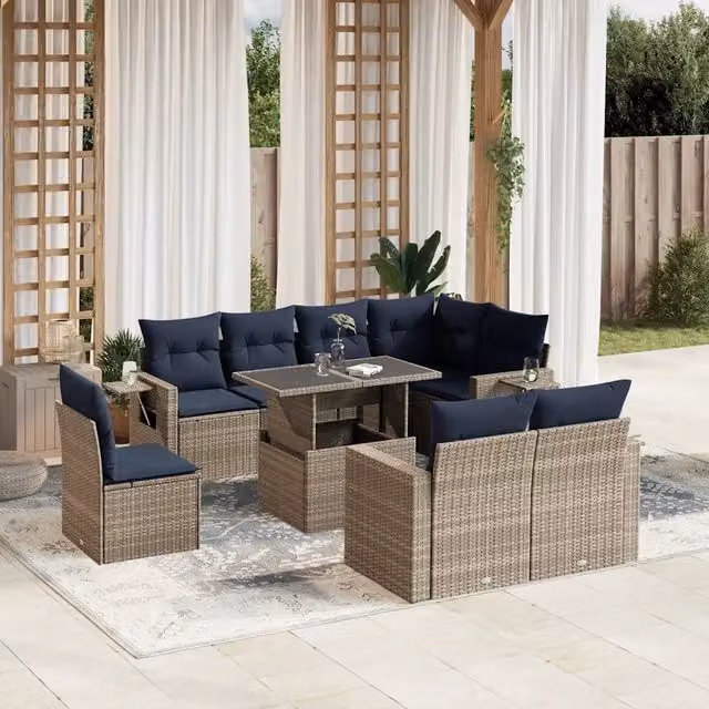 Set Divani da Giardino 9 pz con Cuscini Grigio in Polyrattan 3268041