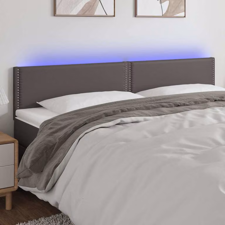 Testiera per letto vidaXL in similpelle grigia con illuminazione LED e porta di ricarica USB, L 200 cm, H 78-88 cm, P 5 cm