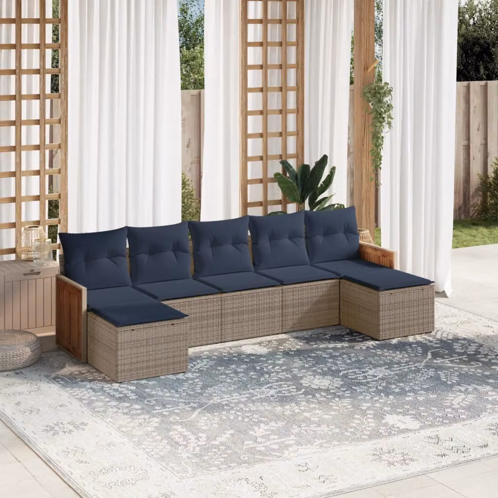 Set Divani da Giardino vidaXL 7 pz a Forma a L con Cuscini Blu e Grigio in Polyrattan e Metallo