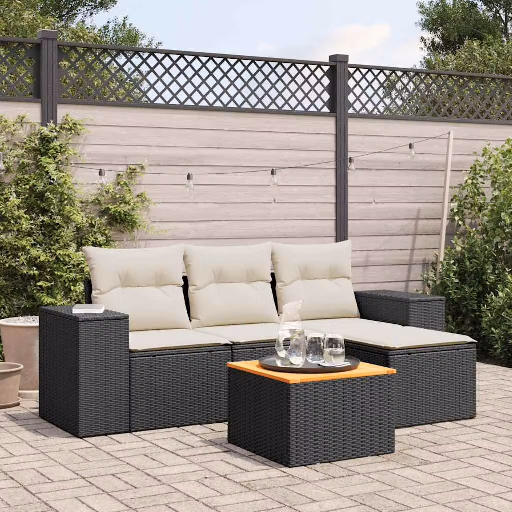 vidaXL Set Divani da Giardino a L 5 pz in Polyrattan Nero con Cuscini e Tavolino da Esterno – 1