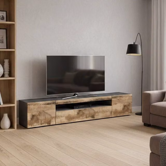 Mobile da soggiorno Porta Artropodi, Made in Italy, Credenza per Artropodi in stile industrial a 3 ante, cm 200x40h37, Ardesia e Acero, con luce LED blu