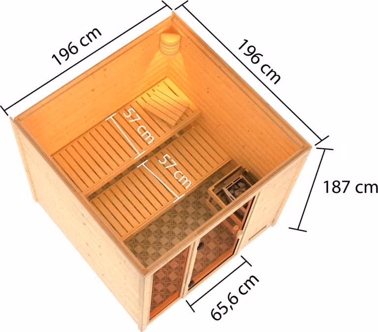Sauna Woodfeeling Jutta (ingresso frontale), porta interamente in vetro, finitura bronzo, senza accessori