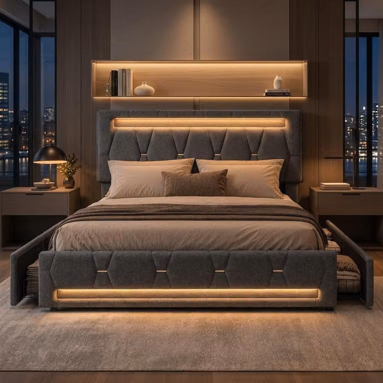 Letto imbottito INONEFT, 140x200 cm, con LED e poggiatesta regolabile in altezza, letto a una piazza o a due piazze con rete a doghe e 4 cassetti, letto contenitore, colore: grigio