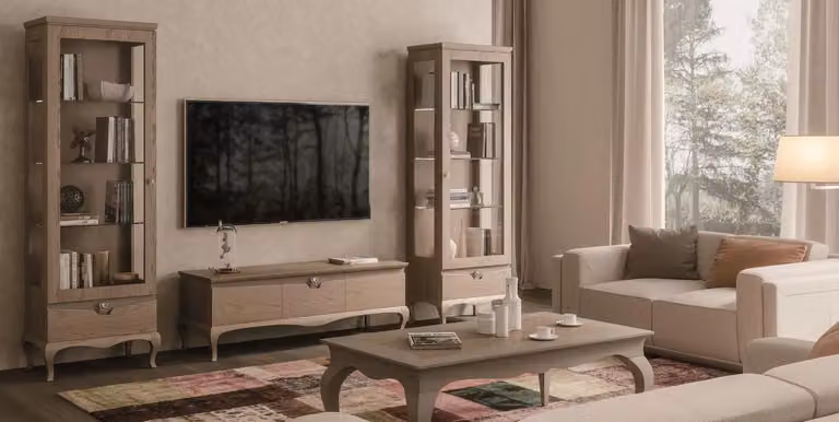 Mobile porta TV moderno in legno di frassino marrone con dettagli in vetro e metallo Mobili2g L: 150 cm, P: 50 cm, H: 52 cm