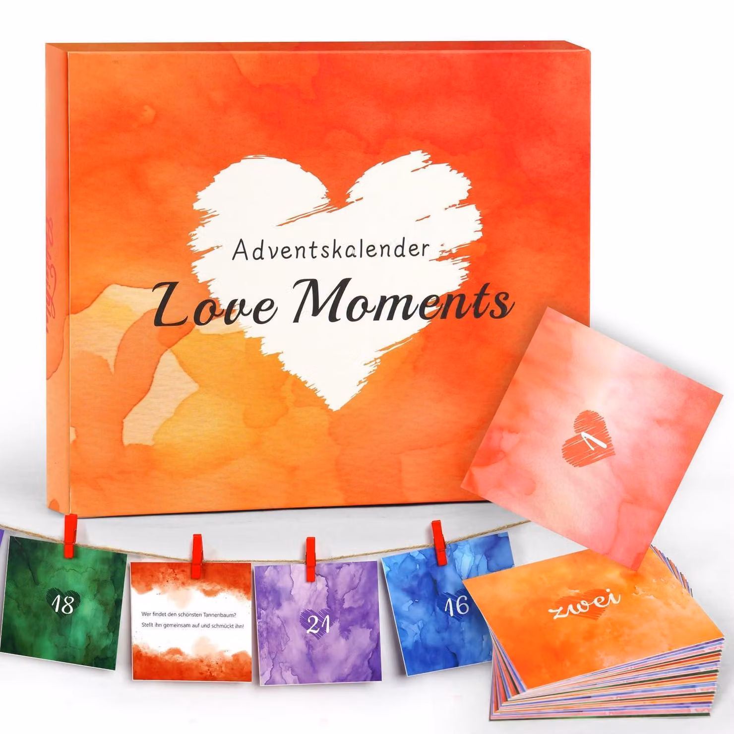 Calendario dell'Avvento per coppie, con 24 attività e sfide | Set da 2 | Cartoncini da 10x10 cm | Include spago e graffette