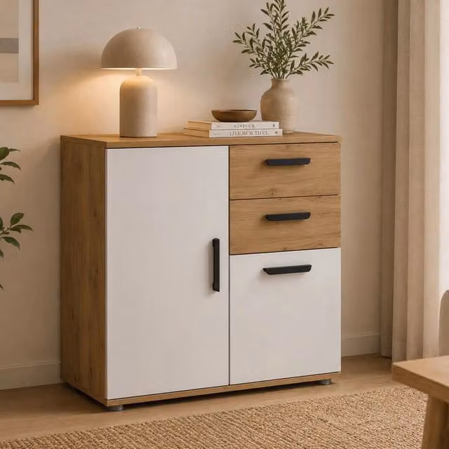 Madia DMORA in legno MDF color rovere e bianco, design moderno per cucina o soggiorno, L: 71 cm, P: 33 cm, H: 75 cm – 1
