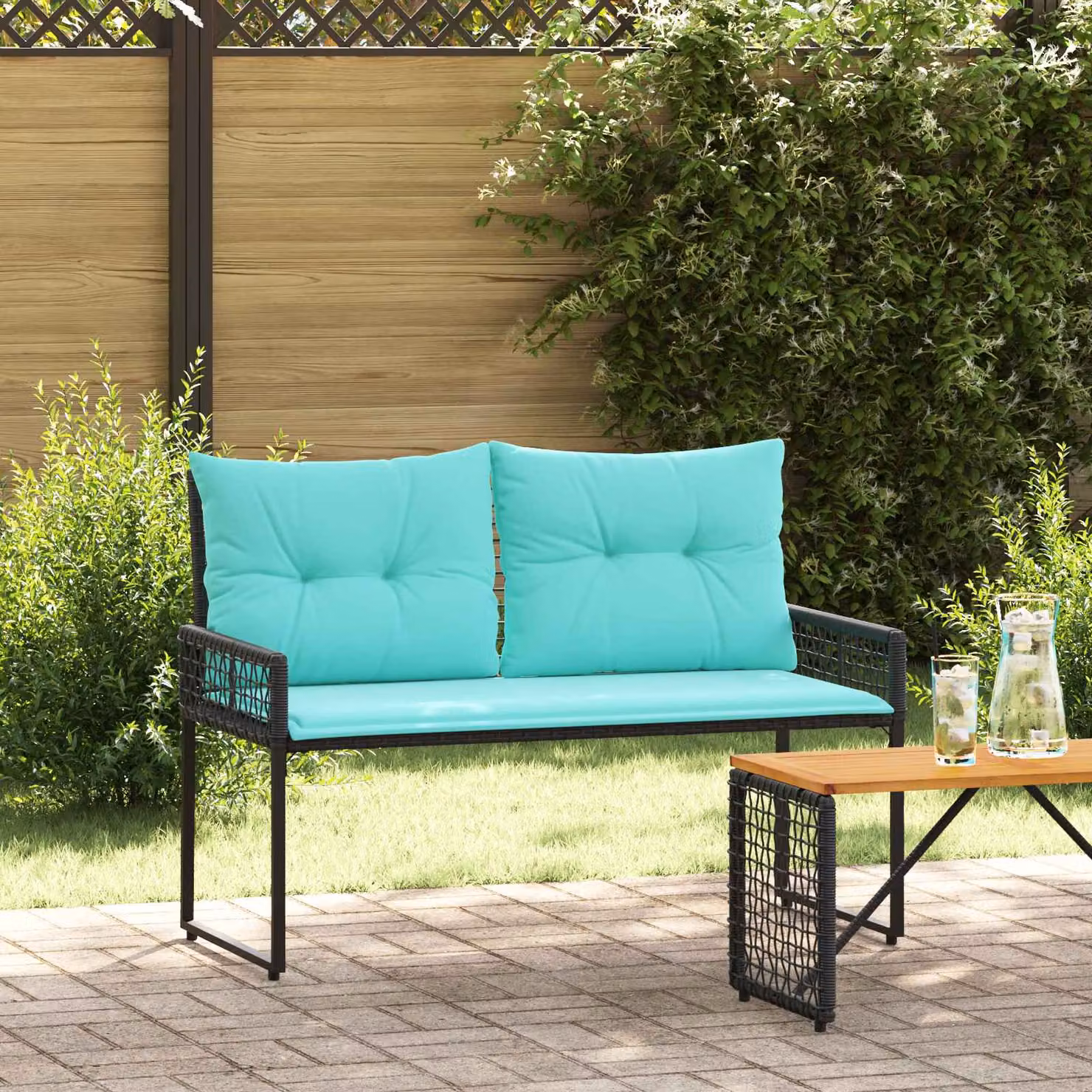 Panchina da esterno vidaXL in rattan e metallo con braccioli, Nero e Turchese, L: 118 cm, P: 55 cm, H: 82 cm