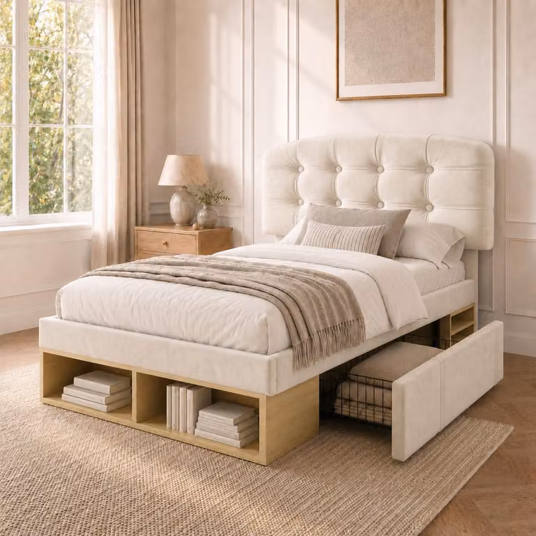 Letto imbottito Flieks 90x200 cm con cassetti, letto singolo con contenitori, letto per ragazzi con testiera regolabile, velluto, beige