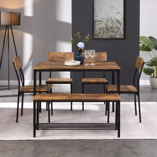 Tavolo da pranzo per 6 persone compatto con 4 sedie e panca in MDF e acciaio per cucina e sala da pranzo marrone