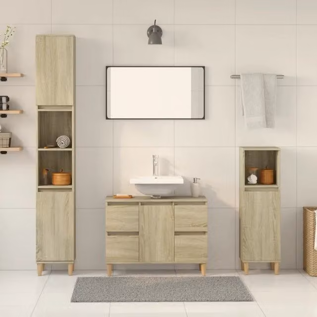 Set di mobili da bagno moderno vidaXL in legno 3 pezzi, colore marrone e beige, L/P/H: 80 x 33 x 60 cm