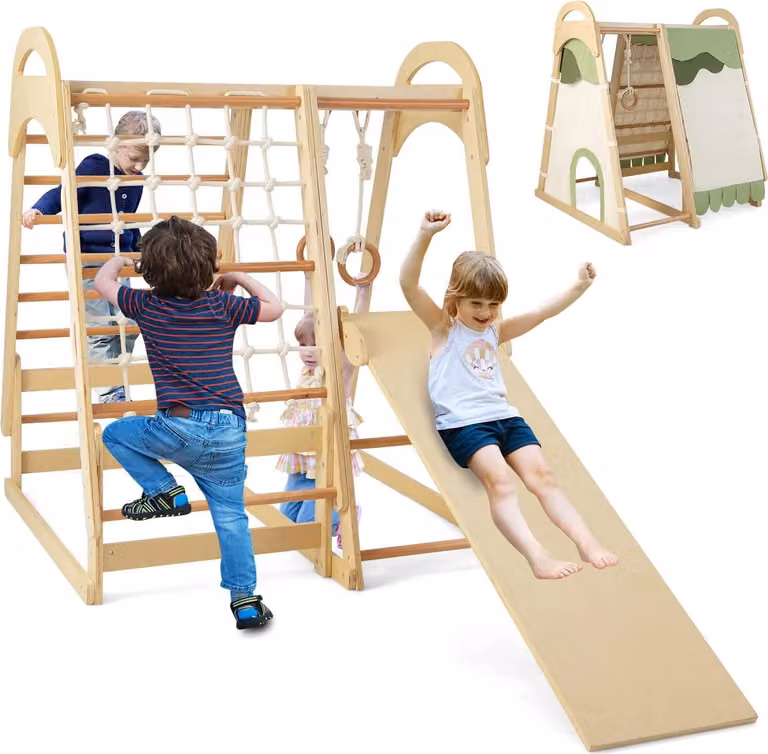 COSTWAY Set giocattoli da arrampicata 6 in 1, struttura da arrampicata per interni con tenda, scivolo, anelli da ginnastica, rete da arrampicata e scala da arrampicata, per bambini dai 3 anni in su