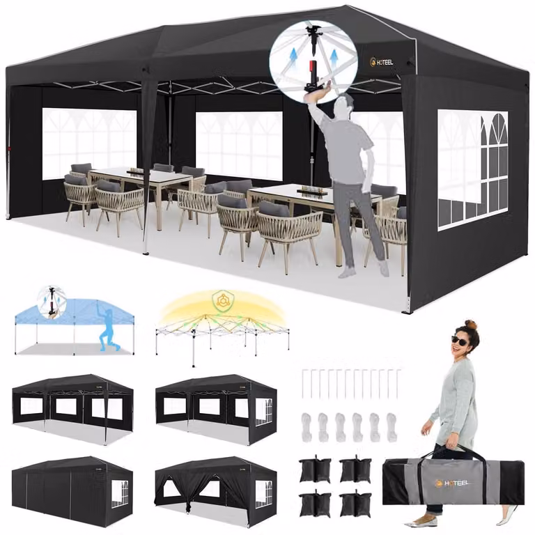 Gazebo da esterno 3x6 metri, impermeabile, stabile, resistente alle intemperie invernali, con pareti laterali, colore nero