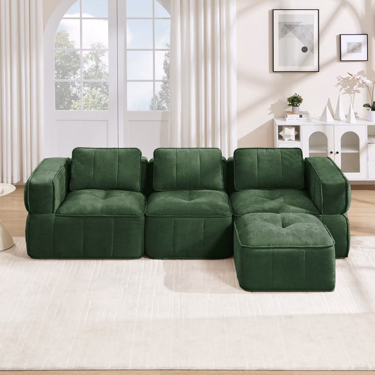 Divano modulare a forma di L, con tre posti, senza struttura visibile, imbottitura in schiuma 32D, poggiapiedi, cuscini profondi (colore: nero)