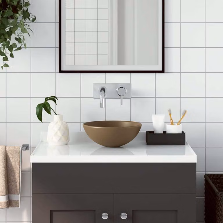 The Living Store Lavabo rotondo in Vetroceramica opaca crema