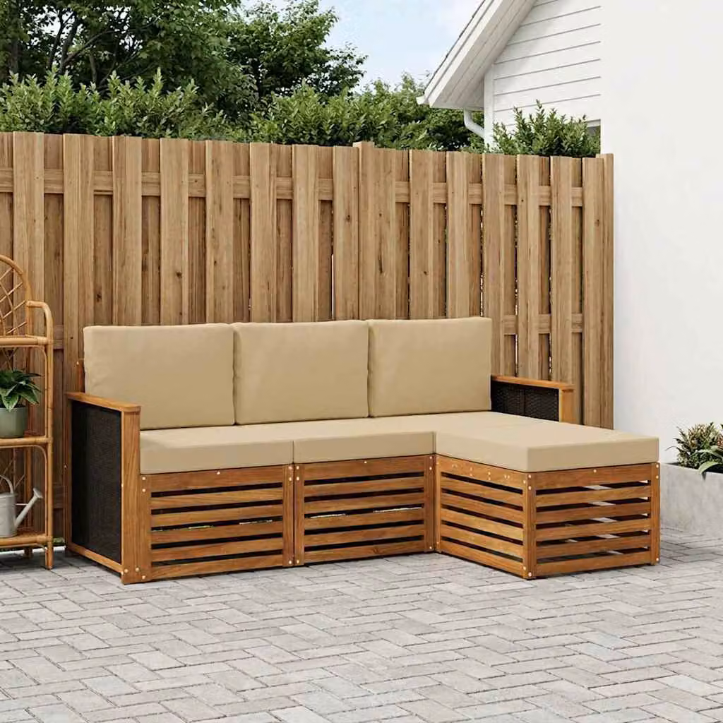 Set di divani da esterno a L vidaXL in legno di acacia con pouf e cuscini, Beige e Marrone