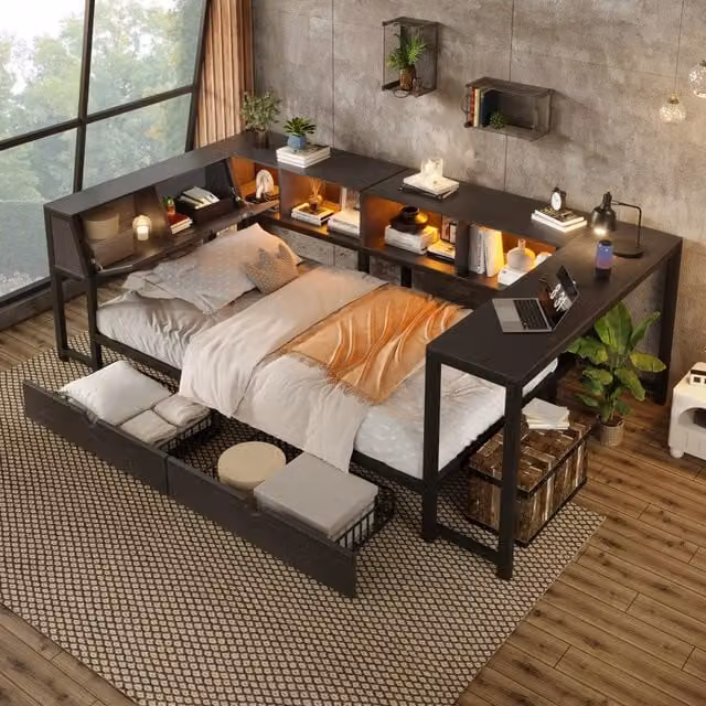 Letto singolo Mivray con cassetti, scrivania e testiera contenitore con LED multicolore, nero, L/P/H: 90 x 200 x 254,5 cm