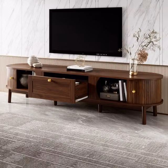Mobile TV con cassetto e due ante scorrevoli in MDF color noce gambe in legno 170 × 39;5 × 38 cm