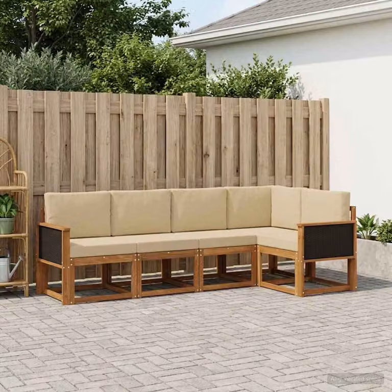 Set di divani da esterno a L vidaXL in legno di acacia con cuscini, Beige e Marrone