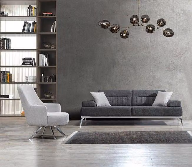 Wohnzimmer-Set 2tlg. 3-Sitzer Sofa 1-Sitzer Sessel Grau Weiß Textil Material
