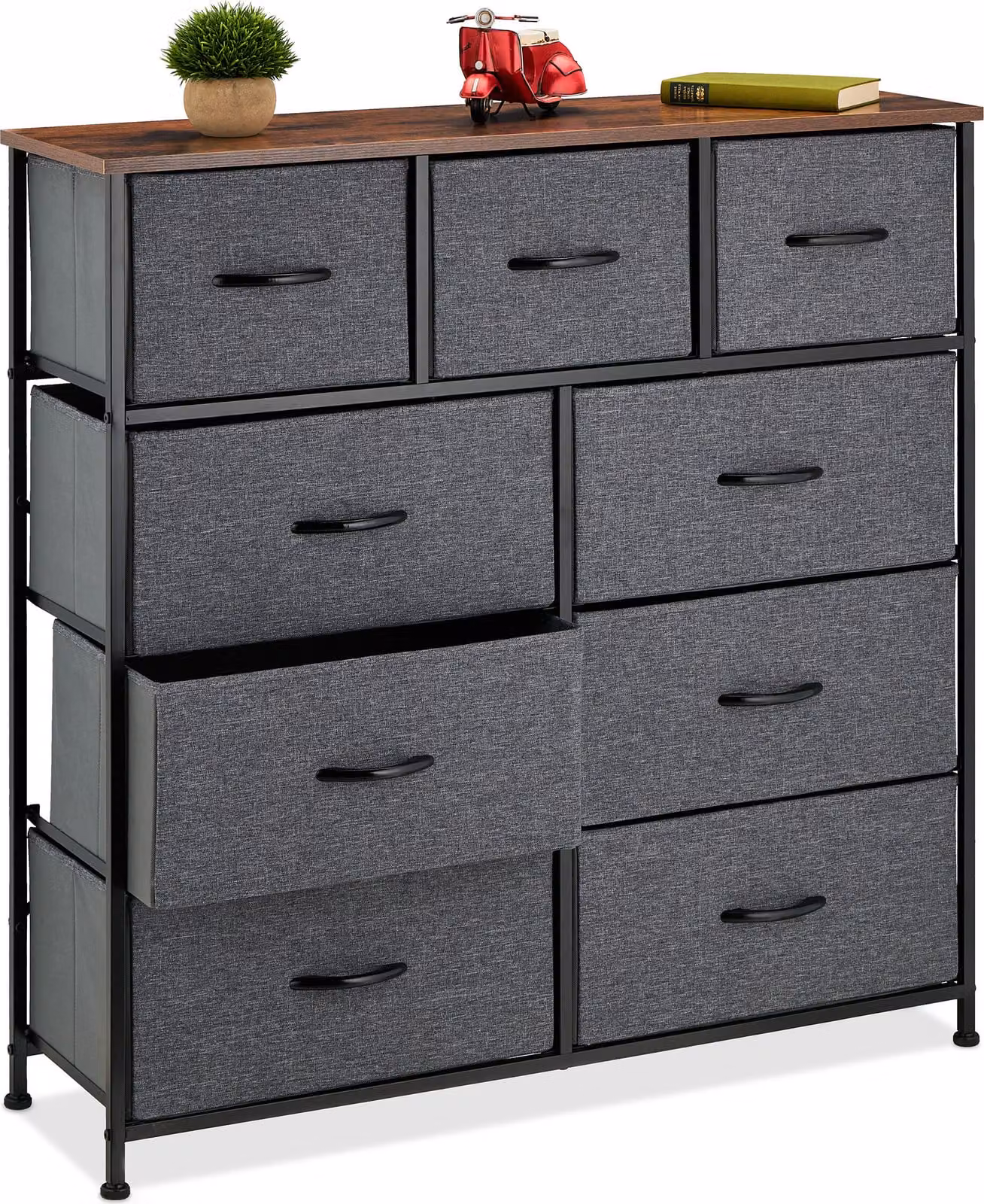 Comodino Relaxdays, L x P x A 100x100x30 cm, metallo, effetto legno, 9 cassetti in tessuto, ripiano, comodino moderno, multicolore