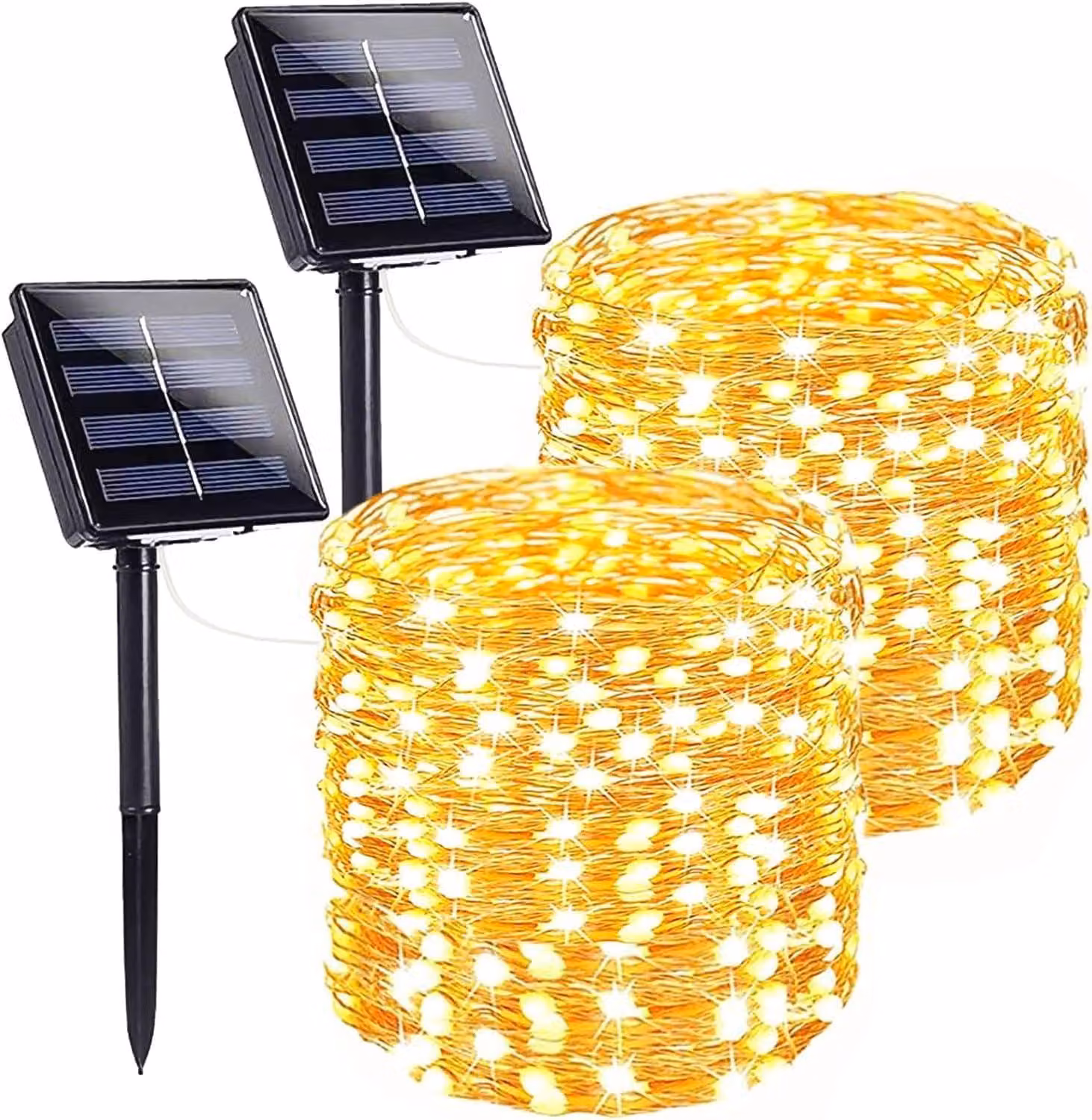 Catena luminosa solare con 120 LED, 12 metri, 8 modalità, luce bianco caldo, confezione da 2