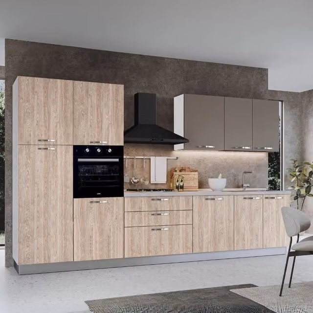 Cucina moderna Iris con elettrodomestici integrati, finitura rovere e colori bianco e beige, Larghezza: 360 cm