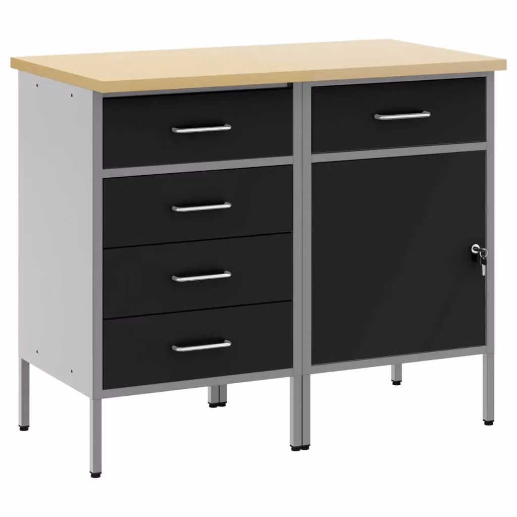 Set di 2 mobili da lavoro vidaXL in acciaio e legno, nero e grigio, L 100 x P 55 x H 85 cm – 2