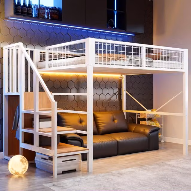 Letto a soppalco 140x200 cm in metallo e legno con scala contenitore; LED e ringhiera bianco