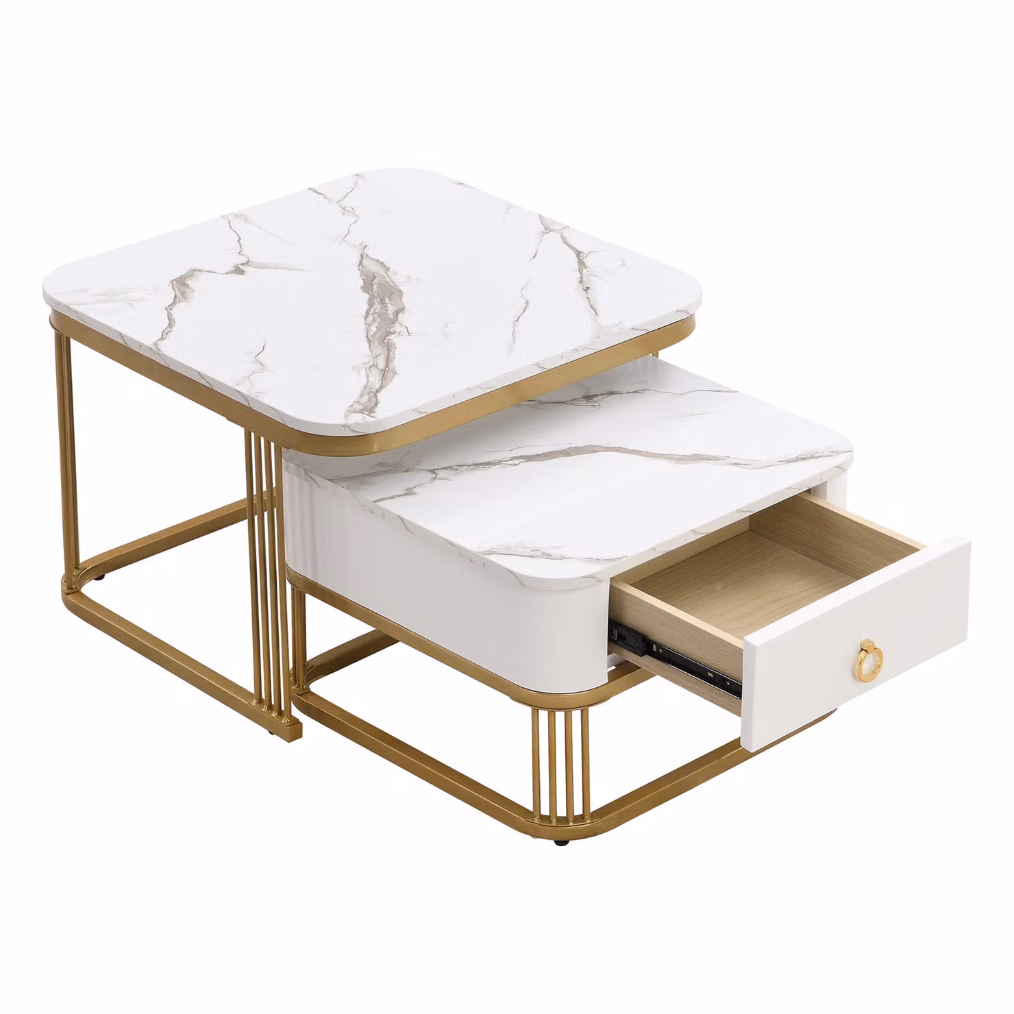Set di Tavolini da Salotto Impilabili GL Store in Marmo Lucido Bianco con Dettagli Dorati e Cassetti, L/P/H: 60 x 60 x 45 cm e L/P/H: 50 x 50 x 34 cm – 2