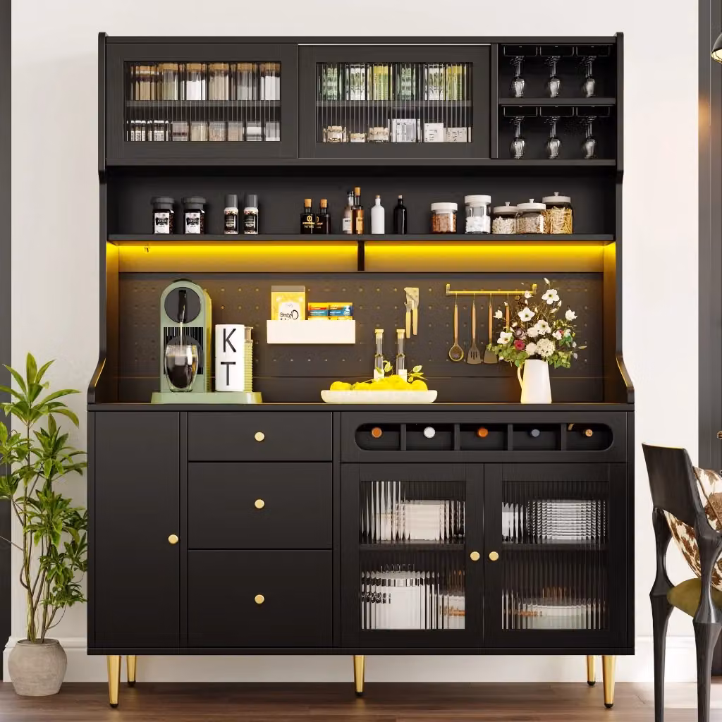 Mobile alto da cucina moderno nero con ante scorrevoli in vetro, illuminazione LED integrata, ripiani regolabili e vano vino, L: 145 cm, P: 39 cm, H: 171 cm – 2