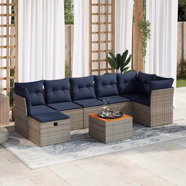 Set di divani da giardino vidaXL in polyrattan e legno di acacia oliato con cuscini grigi e blu, 8 pezzi