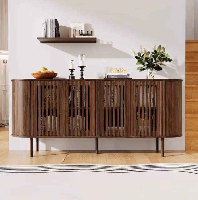 Sideboard 160x40x70 cm in MDF effetto noce; 4 ante scorrevoli perforate; gambe in metallo