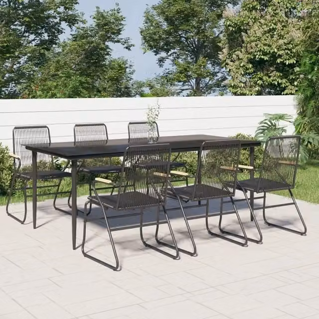 Set da pranzo da giardino moderno vidaXL in rattan e vetro nero con struttura in metallo e dettagli in legno di teak, 7 pezzi